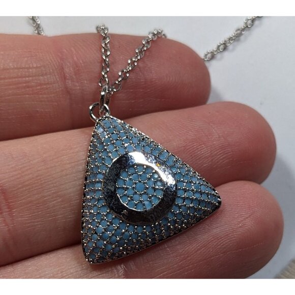 Blue And Silver Tone Pave Stone Triangle Pendant Necklace - Picture 3 of 8